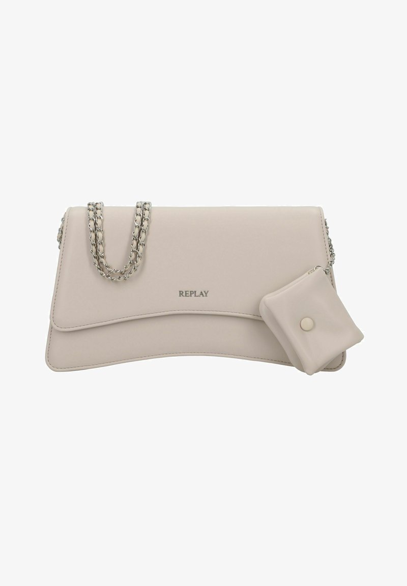 Beige Handtasche aus Kunstleder mit wellenförmigem Design, silberner Kettenriemen und einem abnehmbaren Täschchen. Mit "REPLAY"-Logo auf der Vorderseite.