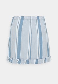 Light blue and white striped skirt with an elastic waistband and a ruffled hem. Made of soft fabric, features vertical lines.