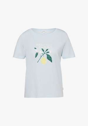Light blue V-neck T-shirt with a yellow lemon and green leaves graphic, and the text "silly but sweet" on the front.