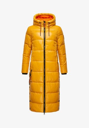 Yellow puffer coat with a hood, front zipper, black accents on cuffs, and side button details; lined with orange fabric.