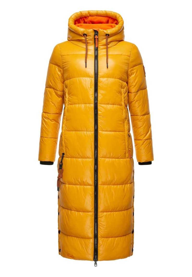Yellow puffer coat with a hood, front zipper, black accents on cuffs, and side button details; lined with orange fabric.
