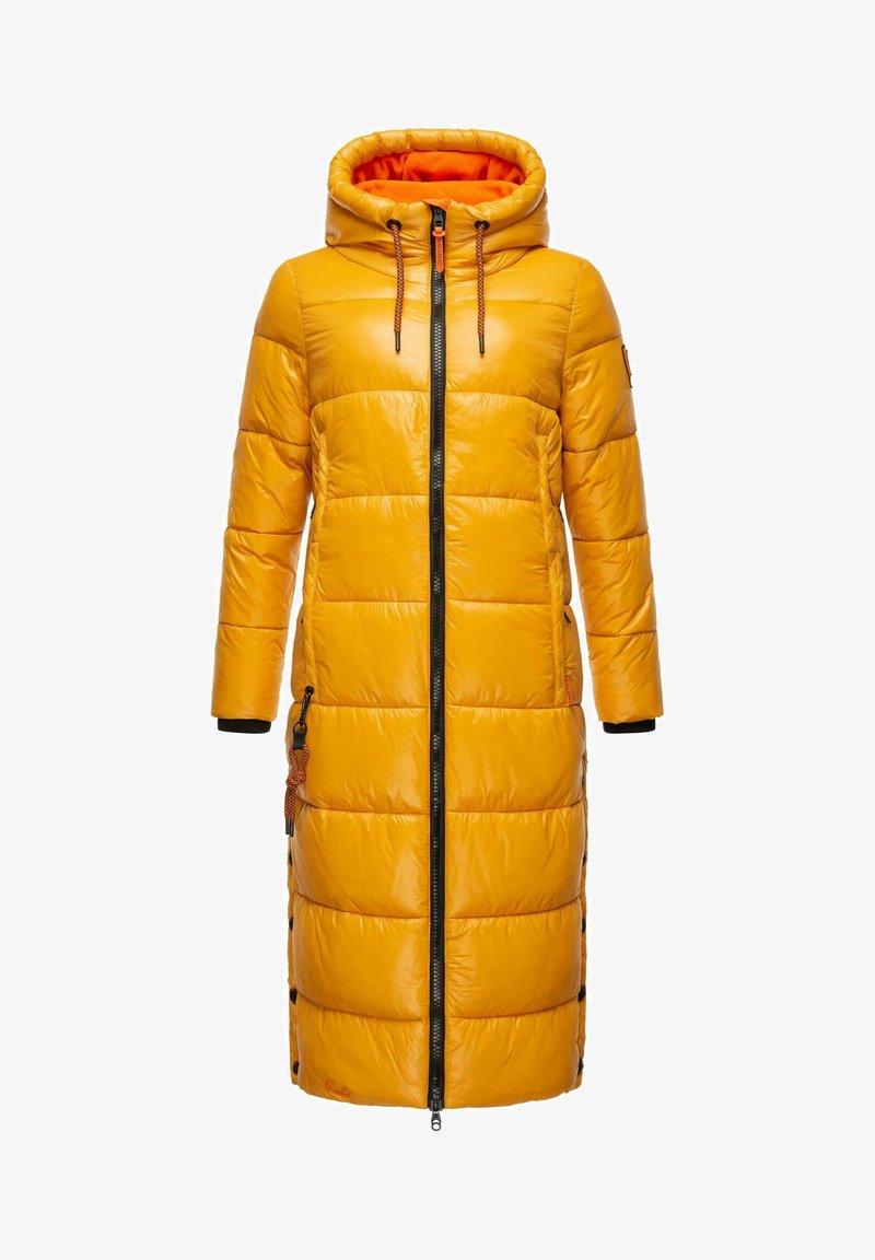Yellow puffer coat with a hood, front zipper, black accents on cuffs, and side button details; lined with orange fabric.