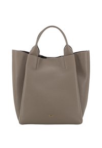 Sac fourre-tout en cuir beige avec une surface texturée, deux poignées courtes et un dessus ouvert. Présente une signalétique discrète à l'avant.