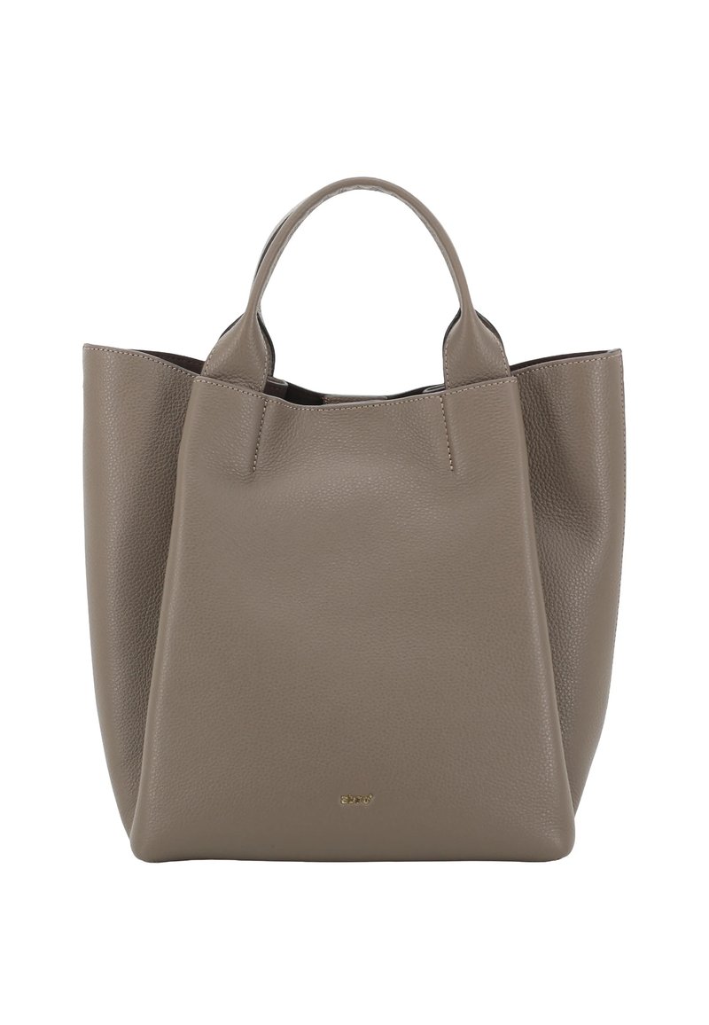 Sac fourre-tout en cuir beige avec une surface texturée, deux poignées courtes et un dessus ouvert. Présente une signalétique discrète à l'avant.