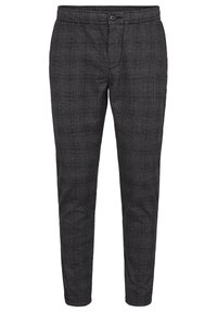 Grijze geruite broek van textuurstof, met een rechte pasvorm, knoopsluiting en subtiele details in het patroon.