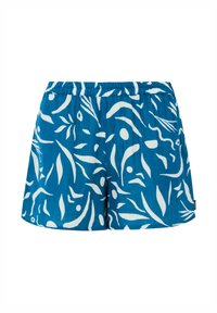 Shorts bleus en tissu ornés d'un motif abstrait de feuilles blanches et de pois. Taille élastique avec une coupe décontractée et sans poches.