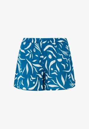 Blaue Shorts aus Stoff mit einem weißen, abstrakten Blatt- und Punktmuster. Elastischer Bund mit lockerer Passform und ohne Taschen.