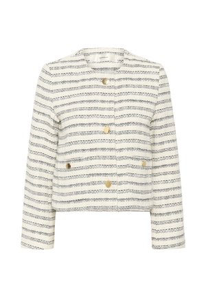 Jachetă scurtă dintr-un material texturat cu dungi orizontale negre și albe, având patru nasturi aurii și un guler rotund.
