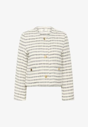 Lühike jakk, mis on valmistatud tekstureeritud kangast horisontaalsete mustade ja valgete triipudega, nelja kuldknopi ja ümmarguse kaelusega.