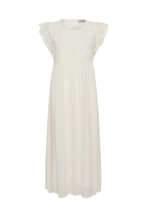 Robe maxi blanche avec corsage brodé en œillets et manches courtes à volants, dotée d'un col rond et d'une jupe fluide.