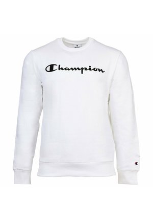 Weißer Hoodie mit langen Ärmeln, versehen mit einem schwarzen "Champion"-Logo in der Mitte und einem kleinen Logo-Patch auf dem linken Ärmel. Aus Baumwolle.