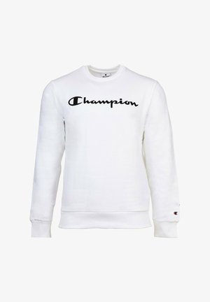 Weißer Hoodie mit langen Ärmeln, versehen mit einem schwarzen "Champion"-Logo in der Mitte und einem kleinen Logo-Patch auf dem linken Ärmel. Aus Baumwolle.