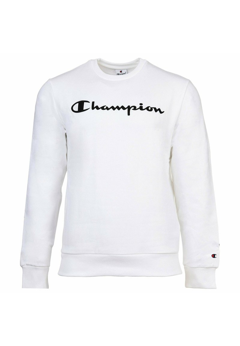 Weißer Hoodie mit langen Ärmeln, versehen mit einem schwarzen "Champion"-Logo in der Mitte und einem kleinen Logo-Patch auf dem linken Ärmel. Aus Baumwolle.