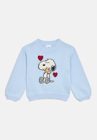 Light blue children's sweater with Snoopy hugging Woodstock and two red hearts on the front.