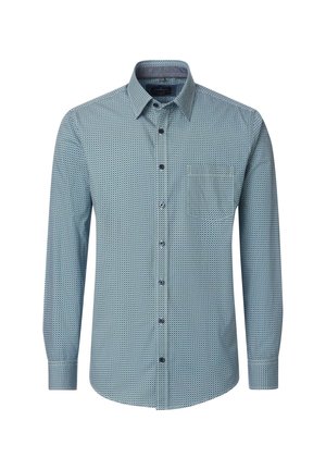 Herrenhemd mit langen Ärmeln, Knopfleiste, kleinem blau-weißem geometrischem Muster, spitzem Kragen und Brusttasche.