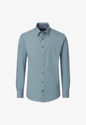 Heren overhemd met lange mouwen en knopen, met een klein blauw-wit geometrisch patroon, spits kraagje en borstzak.