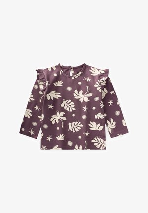 Garais piedurkņu tops, violets ar baltām ziedu un zvaigžņu apdrukām, ar ruffles plecu detaļām un pogu aizdari aizmugurē.