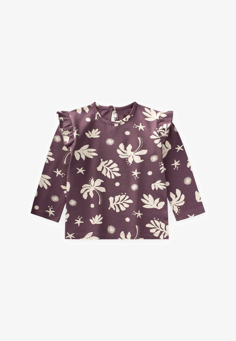 Ilga rankovėmis palaidinė, purpurinė su baltais gėlių ir žvaigždžių raštais, su raukšlių detalėmis ant pečių ir mygtukų uždarymu užpakalyje.