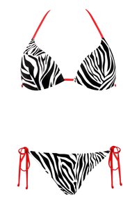 Kostium kąpielowy w czarno-białą zebra z czerwonymi akcentami. Góra ma trójkątne miseczki i cienkie ramiączka; dół ma wiązania po bokach.