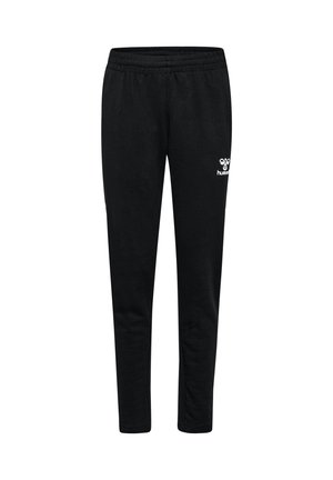 Pantalon de survêtement noir en tissu doux, avec une taille élastique et un petit logo sur la cuisse gauche. Coupe ajustée sans poches.