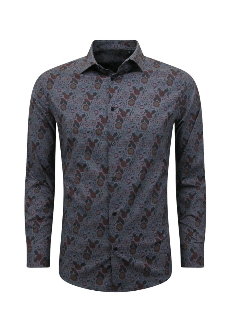Donkergrijze overhemden met bloemenpatroon. Heeft lange mouwen, een kraag en een subtiele glans. Van katoen met een gladde textuur.