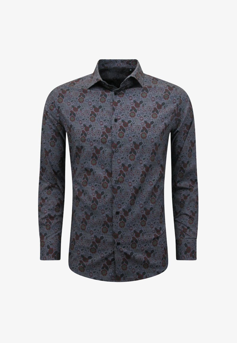 Donkergrijze overhemden met bloemenpatroon. Heeft lange mouwen, een kraag en een subtiele glans. Van katoen met een gladde textuur.