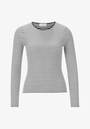 Črno-bele prožnate dolge rokave z ribastim teksturo, okroglo izreza in prilegajočo silhueto. Ima tanke vodoravne proge.