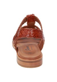 Braune geflochtene Leder-Sandale mit offenem Zeh und Riemen an der Hinterseite. Gepolsterte Fußbett und Holzplattformsohle. Texturierte Oberfläche und sichtbares Branding.
