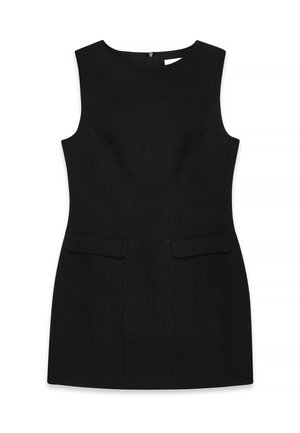 Czarna sukienka bez rękawów z okrągłym dekoltem, usztywnioną górą oraz dwiema przednimi kieszeniami, wykonana z gładkiej, teksturowanej tkaniny.