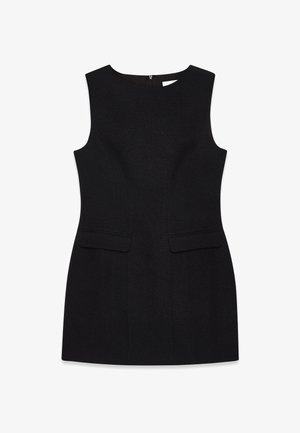 Musta hihaton mekko, jossa on pyöreä pääntie, muotoiltu yläosa ja kaksi etutaskua sileästä, tekstuurista kankaasta.