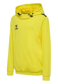 Gelbes Kapuzensweatshirt aus strukturiertem Stoff. Mit schwarzem Logo, Seitentaschen und verstellbaren Kordeln an der Kapuze.