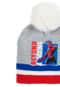 Gray knitted beanie with a white pom-pom, featuring a Spider-Man graphic and "BEYOND AMAZING" text in red, with blue and red stripes at the bottom.