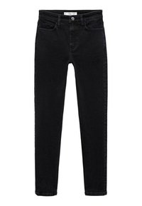Jeans skinny negros hechos de mezclilla, con un diseño clásico de cinco bolsillos, cierre de cremallera y una sutil textura deslavada.