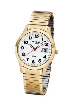 Montre-bracelet en or avec cadran blanc, chiffres arabes noirs, fenêtre de date à 3 heures, trotteuse rouge et bracelet métallique extensible.
