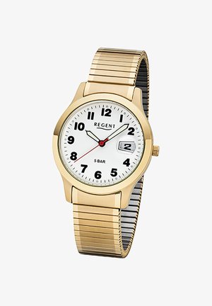 Montre-bracelet en or avec cadran blanc, chiffres arabes noirs, fenêtre de date à 3 heures, trotteuse rouge et bracelet métallique extensible.