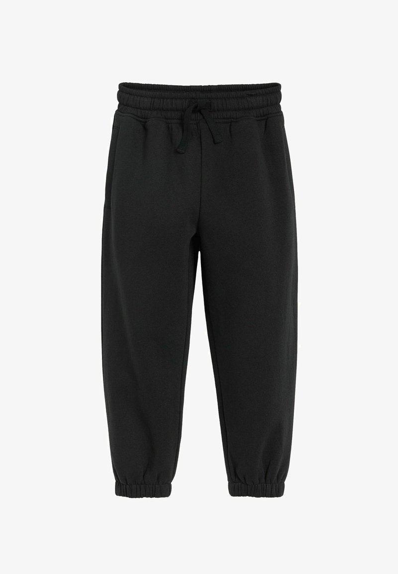 Pantaloni sportivi casual neri con elastico in vita, coulisse, tasche laterali e polsini elastici.