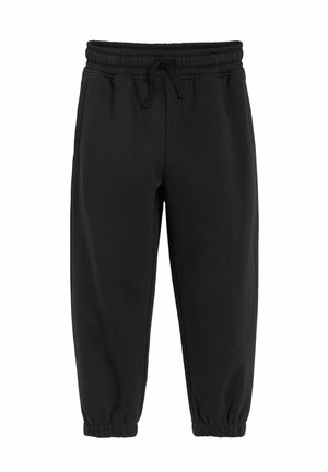 Sorte sweatpants lavet af blødt stof. Har en elastisk talje med snøre og elastiske manchetter ved anklerne.