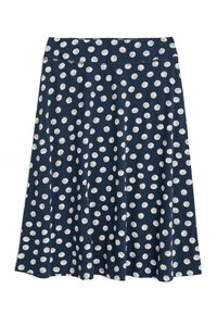 Jupe marine à pois blancs, en tissu extensible. Design évasé avec une taille lisse et une coupe mi-longue.