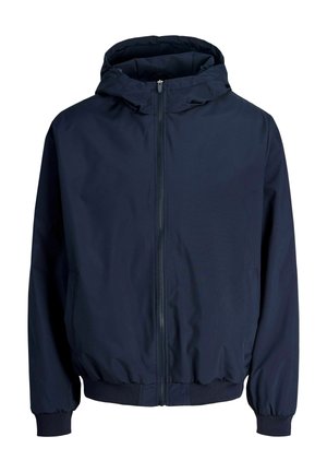 Tumesinine kapuutsiga jope, valmistatud siledast kangast; esiküljel lukk, elastsed mansetid ja lõdvestunud lõige küljetaskutega.