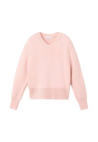 Maglione a V in morbido rosa con maniche lunghe e polsini e orlo a costine, disteso su uno sfondo bianco.