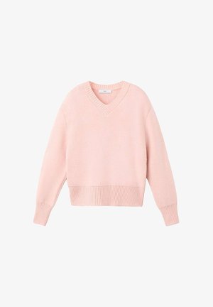 Zachte roze V-hals gebreide trui met lange mouwen en ribbels aan de manchetten en onderkant, plat gelegd op een witte achtergrond.