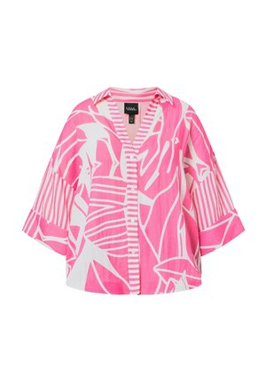 Rosa-weiß gemusterte Bluse mit weiten Ärmeln, Knopfleiste vorne sowie gestreiftem Kragen und Manschetten.