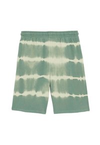 Zelené šortky s tie-dye vzorem, měkké na dotek, s horizontálními bílými pruhy, elastickým pasem a volným střihem.