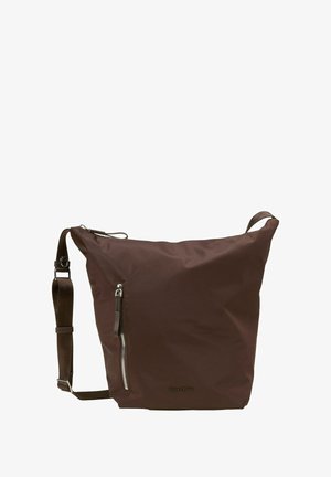 Borsa a tracolla marrone con tracolla regolabile, tasca frontale verticale con zip e logo "Marc O'Polo" nella parte bassa anteriore.