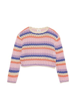 Langärmliger Strickpullover mit horizontalen Streifen in Pink, Lila, Orange und Creme, mit rundem Ausschnitt und strukturiertem Muster.