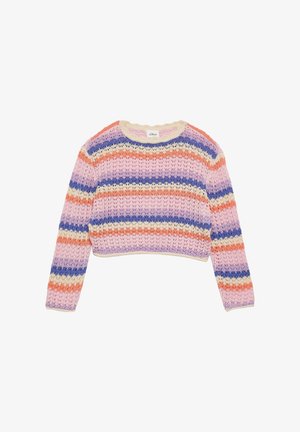 Sweter z długim rękawem, dzianinowy, w poziome paski w kolorach różowym, fioletowym, pomarańczowym i kremowym, z zaokrąglonym dekoltem i fakturowanym wzorem.