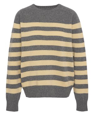 Pull à rayures grises et crème avec un col rond. Présente des manches longues et des bords côtelés aux poignets et à l'ourlet. Texture en tissu doux.