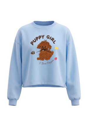 Lyseblå sweatshirt med en fluffy brun hvalp illustration og teksten "Puppy Girl" og "I Love Puppies" på fronten.