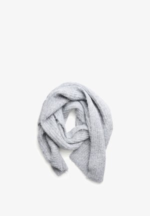 Écharpe gris clair en tissu doux et texturé, avec un design en boucle aux bords effilochés. Aucun motif ou matériel visible.