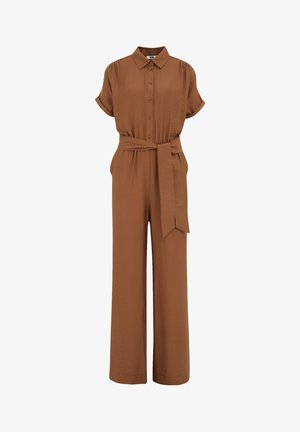 Bruine jumpsuit met korte mouwen, een knoopsluiting aan de voorkant, een strikceintuur in de taille en een wijde pijpdesign, gemaakt van een textuurstof.